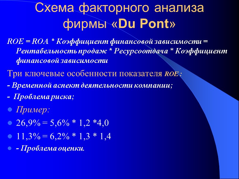 Схема факторного анализа фирмы «Du Pont»   RОЕ = RОA * Коэффициент финансовой